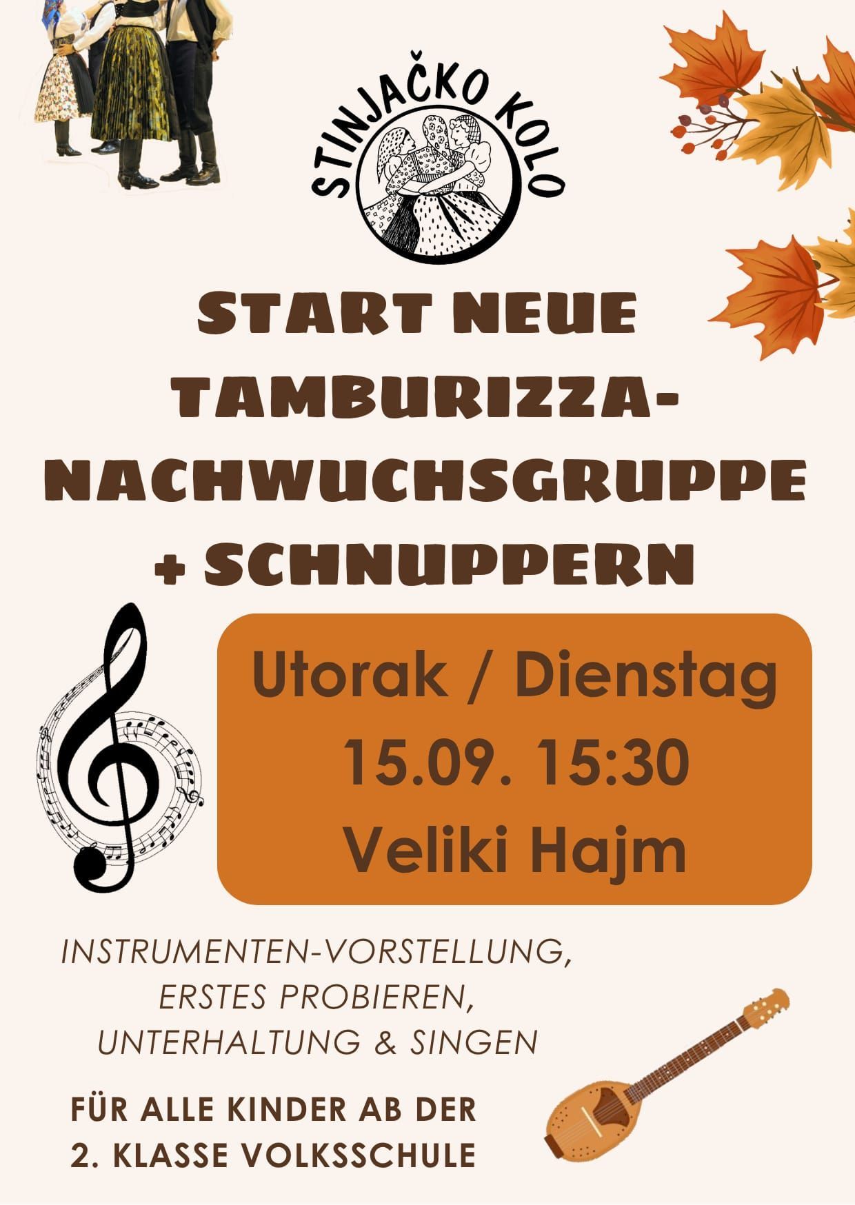 Poster for a new tamburitza growth group and schnuippern, featuring a musical note, date, and time.
