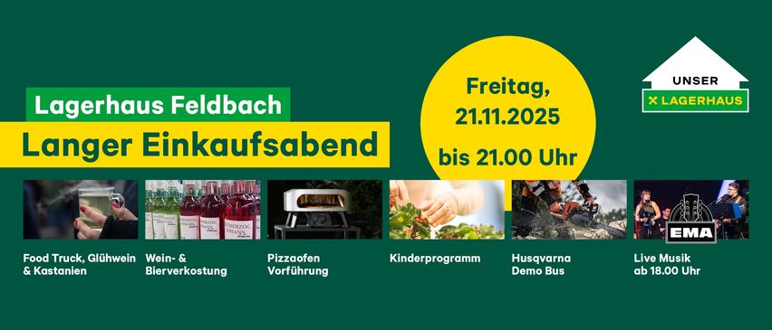 Werbung für eine Veranstaltung in Feldbach am 21.11.2025 mit Pizzaöfen, Kinderprogramm und Husqvarna Demo-Bus.