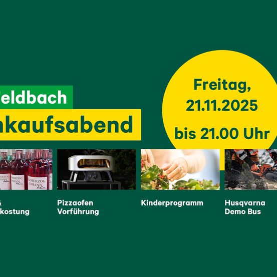 Das Plakat bewirbt eine Veranstaltung am 21. November 2025 in Feldbach. Es zeigt Bilder von Weinflaschen, Pizzaöfen und Kinderaktivitäten. Die Veranstaltung umfasst Vorführungen von Pizzaöfen, ein Kinderprogramm und einen Husqvarna-Demo-Bus.