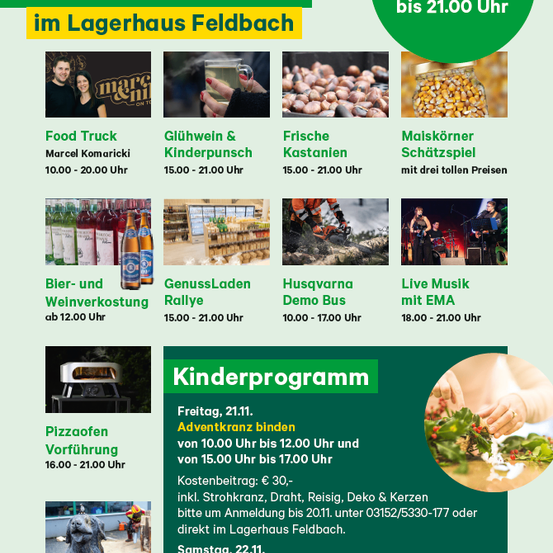 Ein Plakat für den Einkaufsabend am 21. November 2025 mit verschiedenen Aktivitäten wie Food Trucks, Kastanienbraten und Musik mit EMA. Die Veranstaltung läuft bis 21:00 Uhr und beinhaltet ein Kinderprogramm mit Aktivitäten wie Kranzbinden.