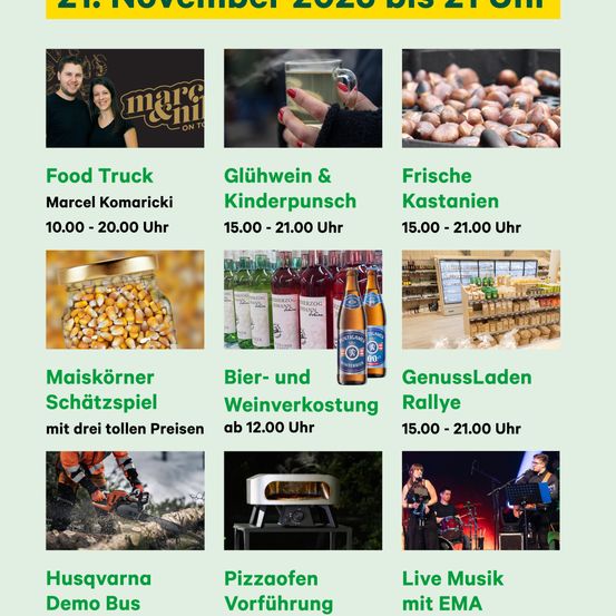 Ein Plakat mit verschiedenen Veranstaltungen, einschließlich Food Trucks, Weinverkostung, Kastanienrösten und Live-Musik. Die Daten und Zeiten für jede Veranstaltung sind aufgeführt.