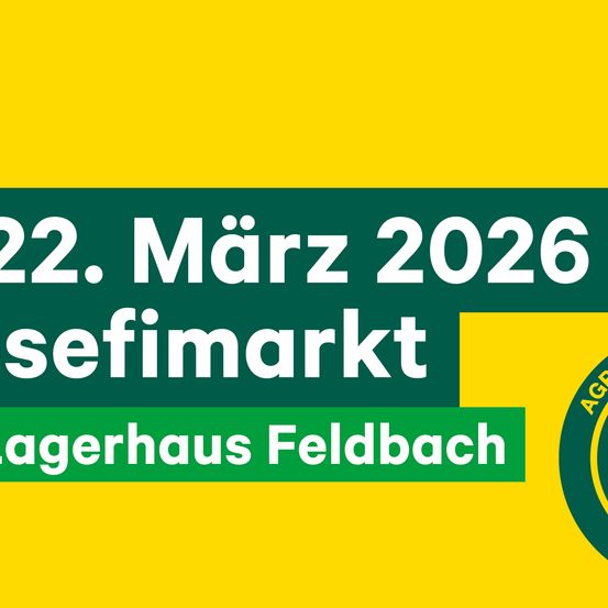Grüner und gelber Hintergrund mit dem Text '22. März 2026 sefmarkt' und 'AGERHAUS Feldbach' in der Mitte. Darunter befindet sich ein grünes Logo.