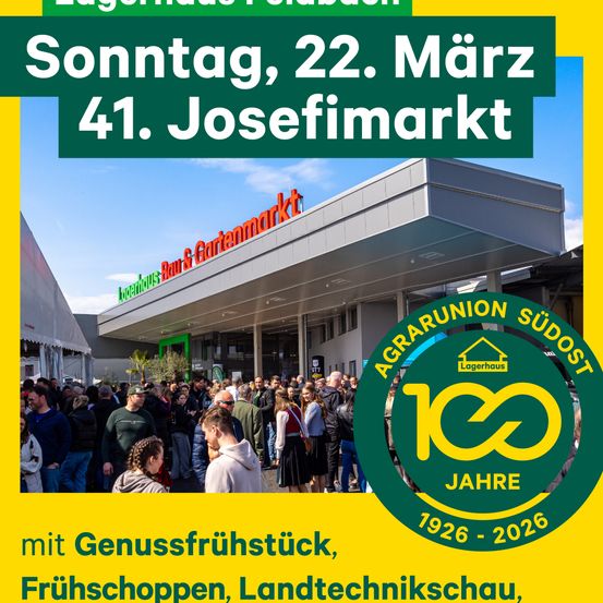 Ein Plakat für eine Veranstaltung am Sonntag, 22. März, auf dem Josefimarkt. Es zeigt ein Gebäude mit einem roten Schild und viele Menschen vor dem Gebäude. Die Veranstaltung feiert 100 Jahre, von 1926 bis 2026. Es gibt Aktivitäten wie Verkostungen, Obsteinkäufe und eine Landtechnikschau.
