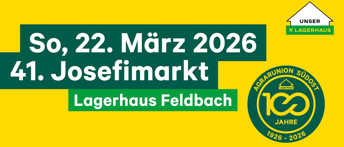 Eine Werbung für einen Bauernmarkt bei Lagerhaus Feldbach am 22. März 2026. Der Text lautet '22. März 2026' und 'sefimarkt'. Das Design umfasst einen grünen und gelben Gradientenhintergrund.