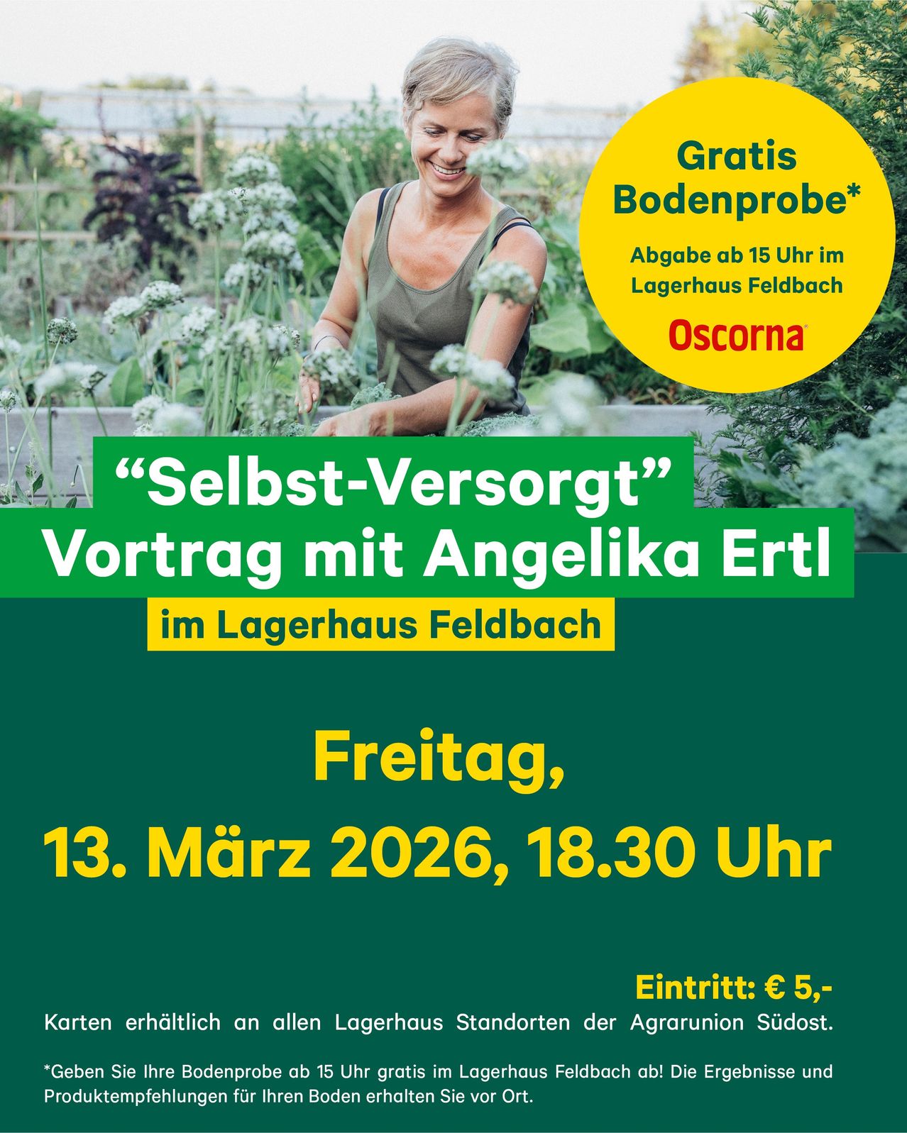 A poster advertising a free soil test and a lecture by Angelika Ertl in the Lagerhaus Feldbach on March 13, 2026, at 6:30 PM.