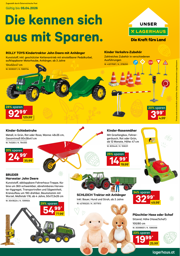 Werbung für Kinderspielzeug, einschließlich eines John Deere Spielzeugtraktors, einer roten Schubkarre, eines Schleich Traktors, eines Bruder Harvesters und eines Plüschhasen. Jeder Artikel hat einen Rabattprozentsatz und den ursprünglichen Preis aufgeführt.