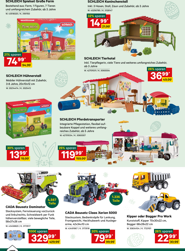 Werbung für Schleich-Spielzeug mit Geflügelfarm, Pferdetransport und landwirtschaftlichen Fahrzeugen. Rabatte bis zu 30% werden angezeigt. Die Geflügelfarm umfasst einen Stall, Tiere und Zubehör. Der Pferdetransport hat einen Anhänger mit Pferden und einer Stallung. Zu den landwirtschaftlichen Fahrzeugen gehören eine Erntemaschine, ein Traktor und Lastwagen.