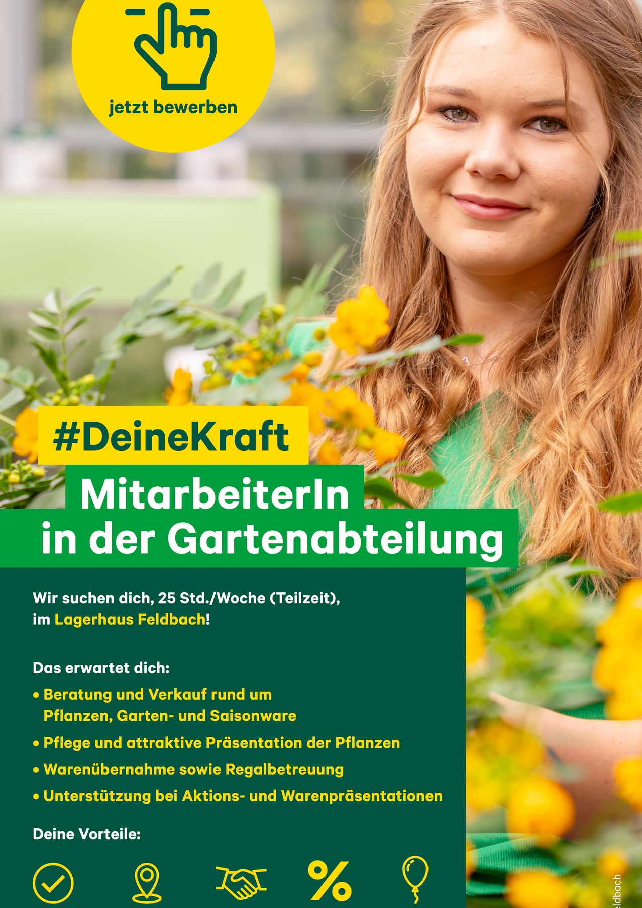 A poster for recruiting employees for gardening work, featuring a smiling woman. It includes tasks like plant care and selling gardening products. The job requires 25 hours a week, based in Lagerhaus Feldbach.