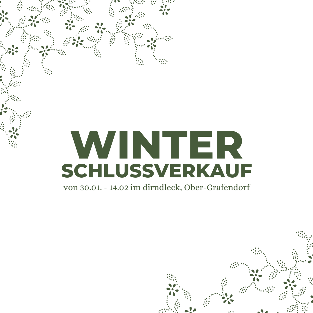 Ein weißer Hintergrund mit Blumenmustern und Text, der 'WINTER SCHLUSSVERKAUF' mit Datum und Ort liest.
