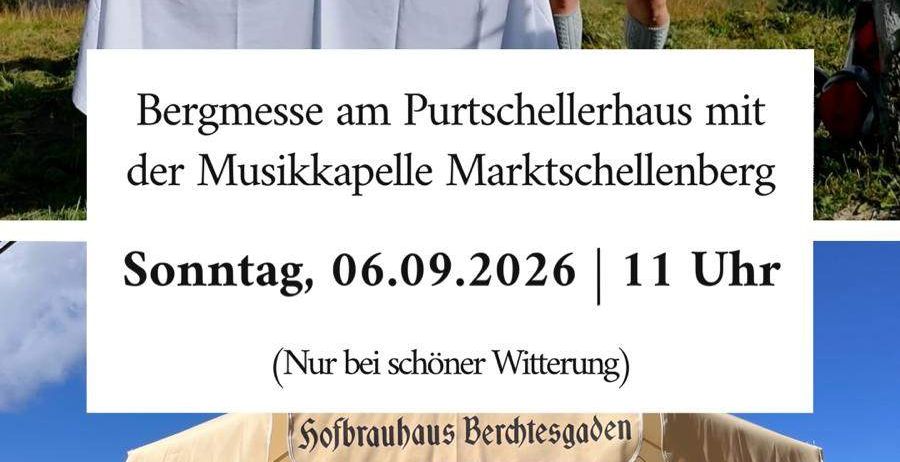Eine Berglandschaft mit einem Tisch für eine religiöse Zeremonie, mit Blumen, einem Kreuz und einem Mann in traditioneller Kleidung. Das Bild enthält auch einen Textüberlagerung mit Datum und Uhrzeit einer Veranstaltung.