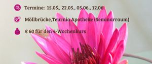 Plakat für einen Gesundheits-Yoga-Kurs. Zeit: Donnerstags, 9:45-11:00 Uhr. Termine: 15.05., 22.05., 05.06., 12.06. Ort: Möllbrücke, Teurnía Apotheke (Seminarraum). Kosten: 60 Euro für den 4-Wochen-Kurs.