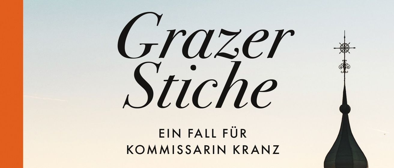 Das Cover des Buches 'Grazer Stiche' zeigt eine Kirche mit einem Glockenturm, verziert mit einem Sonnensymbol und einer Laterne. Im Hintergrund sind Berge und eine Stadtsilhouette zu sehen.