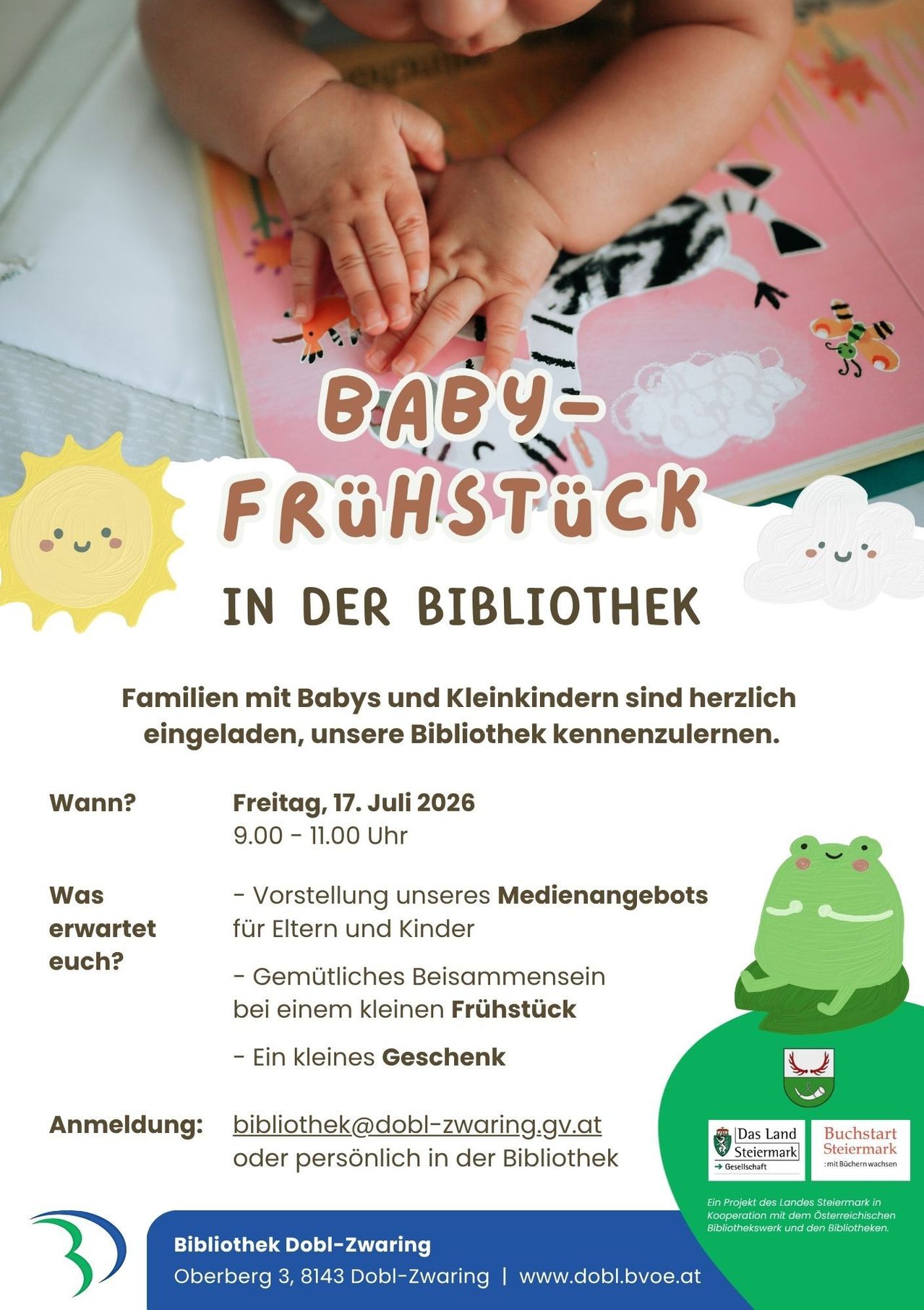 A poster for a baby breakfast event at the library on July 17, 2016, featuring a baby's hand on a book with a sun and clouds. The event includes a presentation, a cozy gathering, and a small gift.