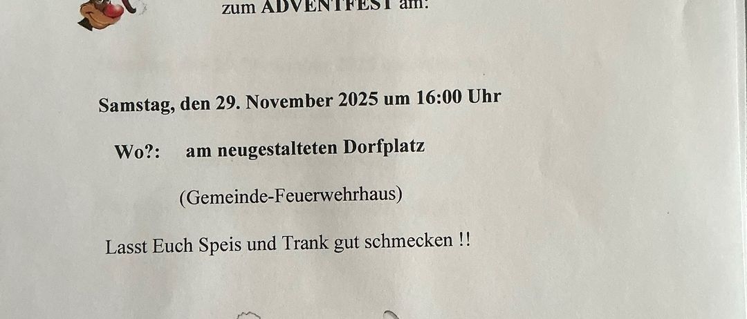 Ein Flyer lädt zum Adventsfest am 29. November 2025 um 16:00 Uhr am neu gestalteten Dorfplatz ein. Santa Claus und ein Rentier sind auf dem Flyer abgebildet.
