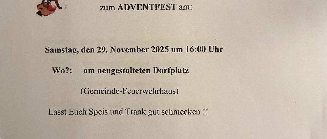 Einladung vom Verschönerungsverein Harmisch zum Adventfest am 29. November 2025 um 16:00 Uhr am neugestalteten Dorfplatz. Genießen Sie Speisen und Getränke!