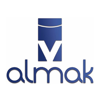Das blaue Logo für die Marke Almak mit einem stilisierten 'V' über dem Text.