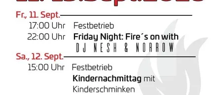 Plakat für das Kirtag-Event der Freiwilligen Feuerwehr Saubersdorf, geplant für den 11.-13. September 2026. Es enthält Details zu den Öffnungszeiten, Aktivitäten und einem besonderen Hinweis auf einen Kindertag.