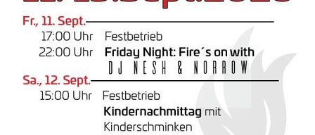 Plakat für das Kirtag-Event der Freiwilligen Feuerwehr Saubersdorf, geplant für den 11.-13. September 2026. Es enthält Details zu den Öffnungszeiten, Aktivitäten und einem besonderen Hinweis auf einen Kindertag.
