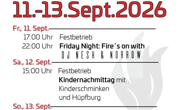 Plakat für das Kirtag-Event der Freiwilligen Feuerwehr Saubersdorf, geplant für den 11.-13. September 2026. Es enthält Details zu den Öffnungszeiten, Aktivitäten und einem besonderen Hinweis auf einen Kindertag.