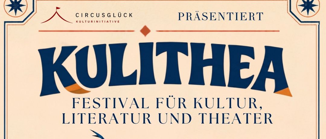 Plakat für das Kulthea-Festival mit einer lebhaften Illustration von Tänzern, einem Cellisten und einem Buch vor einem Hintergrund aus Sonne und Masken, mit dem Datum 5. September 2026 und dem Ort Nerbersdorf/BGLD.