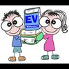 Eine Karikatur von zwei Kindern, die einen Stapel Bücher halten, ein Buch hat das Wort EV darauf, und die Kinder lächeln.