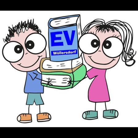 Eine Karikatur von zwei Kindern, die einen Stapel Bücher halten, ein Buch hat das Wort EV darauf, und die Kinder lächeln.