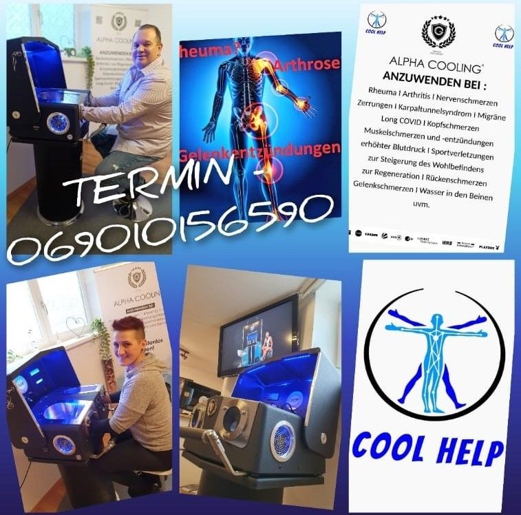 Bild zeigt zwei Männer, die eine Alpha Cooling-Maschine für medizinische Behandlungen nutzen, mit einer Werbung für das Produkt und dessen Vorteile auf Deutsch.