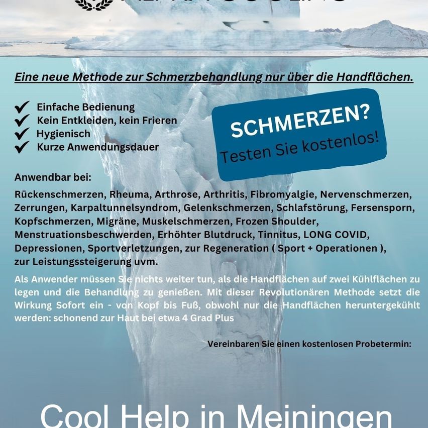 Eine Werbung für eine neue Methode zur Schmerzbehandlung mit kühlenden Handpads. Sie hebt einfache Anwendung, Hygiene und kein Einfrieren hervor. Vorteile umfassen Linderung bei Rückenschmerzen, Arthritis, Nervenschmerzen und mehr. Nutzer können einen kostenlosen Testtermin buchen.