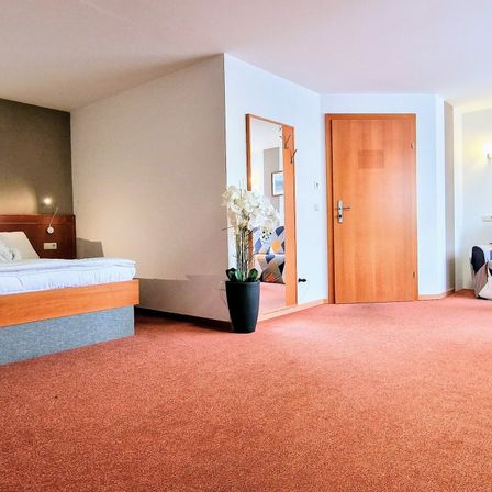 Ein Zimmer mit einem Bett, einer Holztür, einem Spiegel und einem Blumentopf. Der Raum hat einen Teppichboden und weiße Wände.