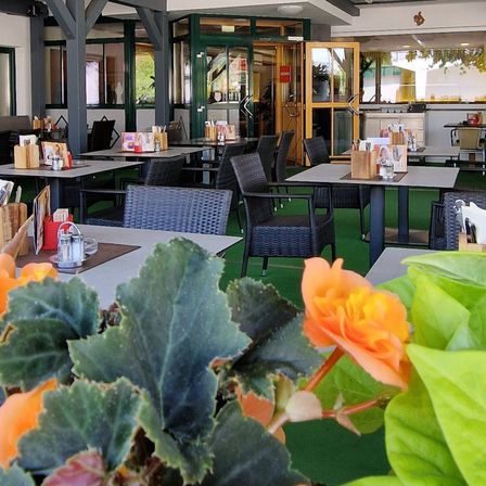 Ein Indoor-Essbereich mit Tischen und Stühlen. Die Tische sind mit Tellern, Tassen und Besteck gedeckt. Die Stühle sind in Reihen angeordnet. Der Boden ist grün.