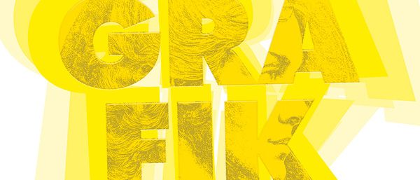 Ein kräftiges gelbes Grafikdesign mit dem Wort Grafik in einer strukturierten Schrift. Die Buchstaben sind in einem Zickzack-Muster mit überlappenden Teilen angeordnet.