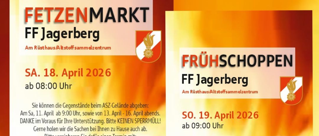 Veranstaltung der FF Jagerberg am 18. und 19. April 2026 um 08:00 und 09:00 Uhr. Details zu Gegenständen, Kontaktinformationen und vegetarischen Optionen.