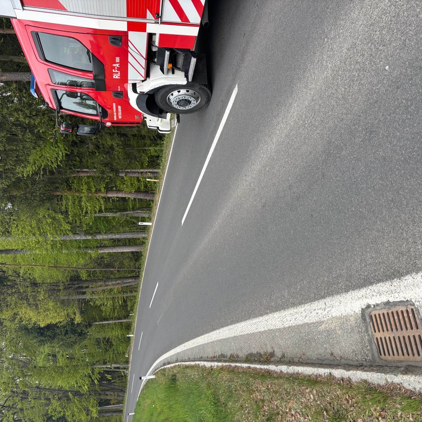 A red and white fire truck is parked on the side of the road. Trees and grass are on both sides of the road.