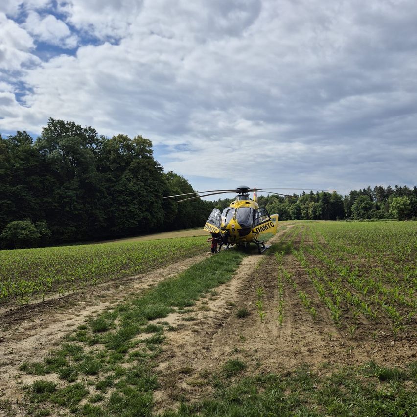 Ein gelber Hubschrauber mit DAMTC auf der Seite ist auf einem Feldweg in einem Feld mit grünen Bäumen und bewölktem Himmel gelandet.