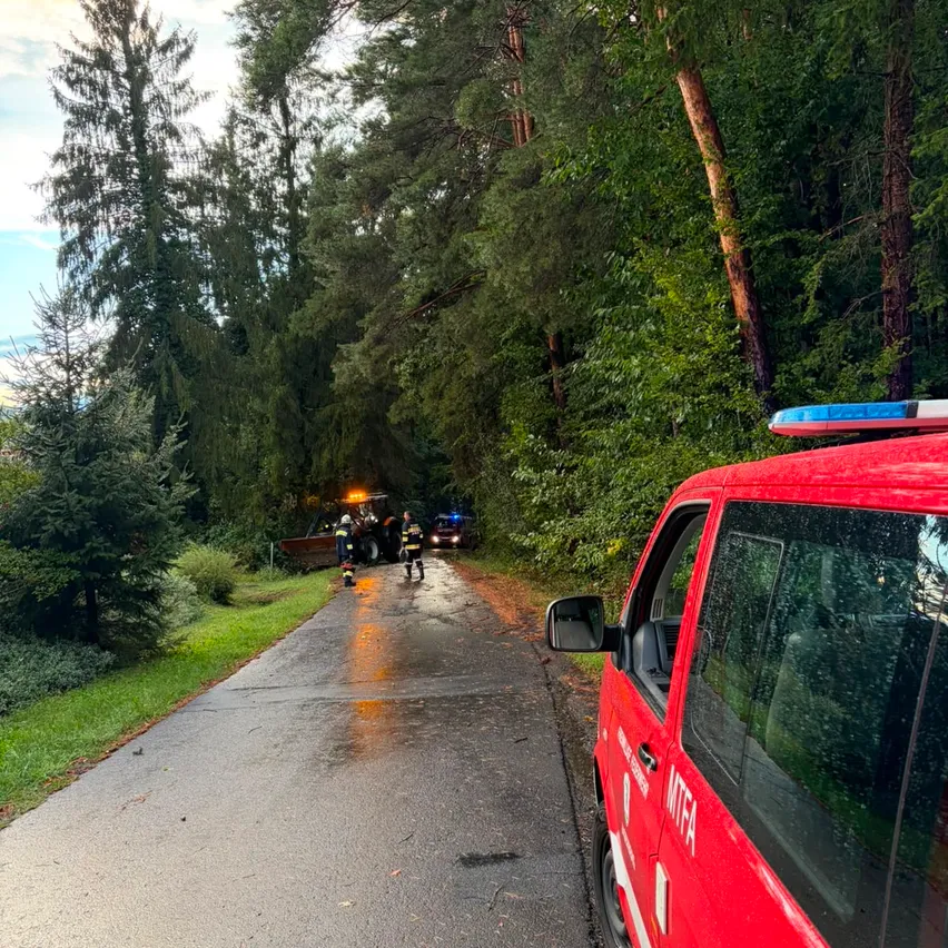 Ein rotes Notfallfahrzeug steht auf einer nassen Straße, zwei uniformierte Personen stehen neben einem Fahrzeug am Straßenrand. Bäume säumen beide Seiten der Straße.