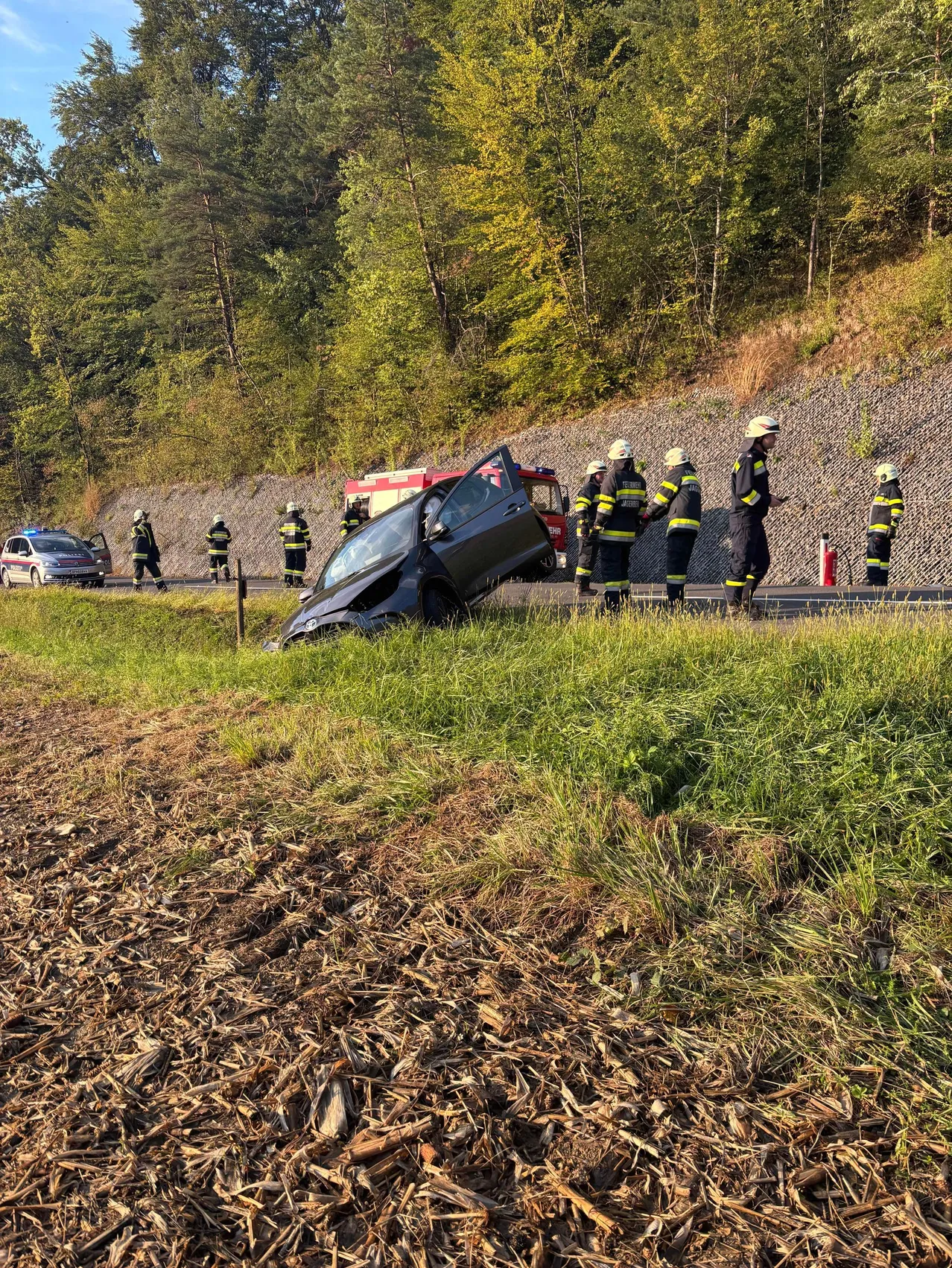 Einsatzkräfte kümmern sich um einen Autounfall am Straßenrand, wobei das Fahrzeug geneigt ist und Feuerwehrleute in Uniform in der Nähe stehen.