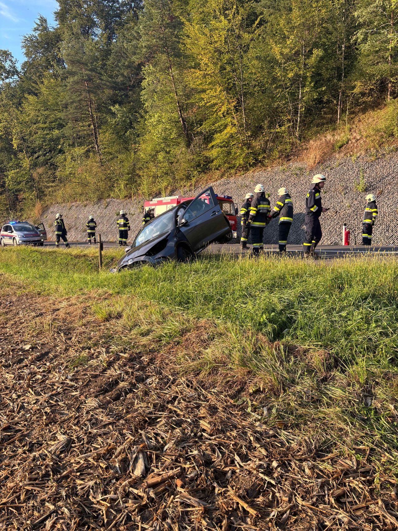 Einsatzkräfte kümmern sich um einen Autounfall am Straßenrand, wobei das Fahrzeug geneigt ist und Feuerwehrleute in Uniform in der Nähe stehen.