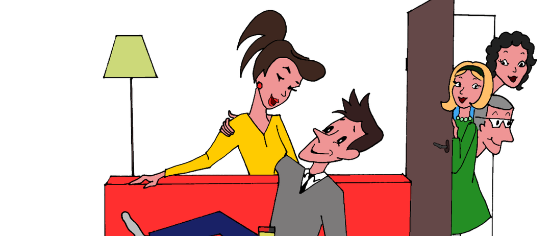 Eine Karikatur zeigt einen Mann und eine Frau auf einer Couch. Die Frau hält ein Weinglas, während der Mann auf der Couch sitzt. Eine Tür steht offen hinter ihnen, und zwei Frauen schauen in den Raum.