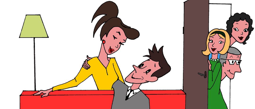 Illustration eines Mannes und einer Frau auf einer Couch, eine Frau lehnt sich über ihn und drei weitere Personen schauen durch die Tür.