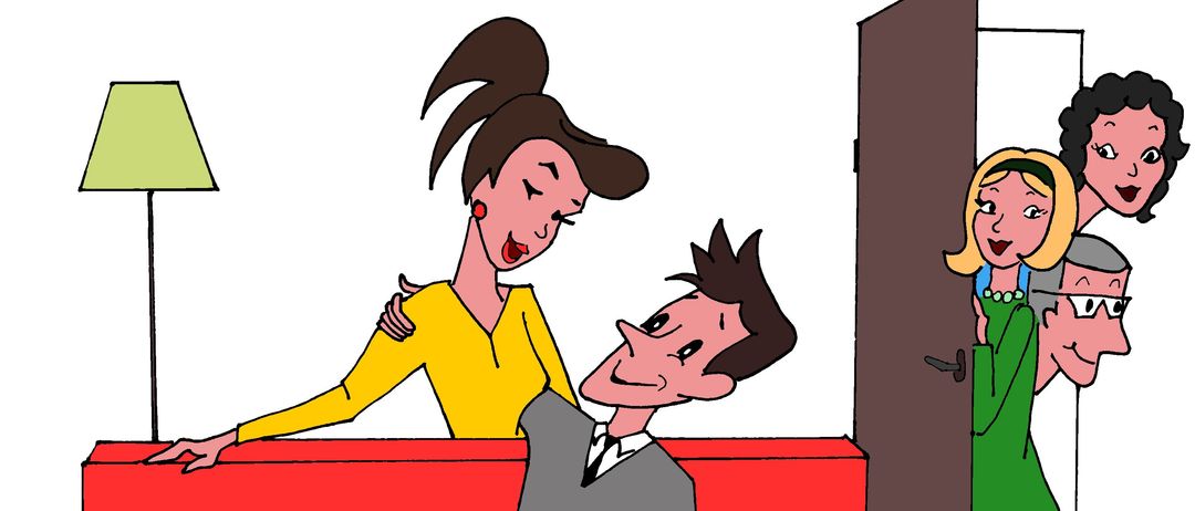 Eine Karikatur eines Paares, das auf einem roten Sofa mit einer Lampe sitzt, und zwei Personen stehen in der Tür.