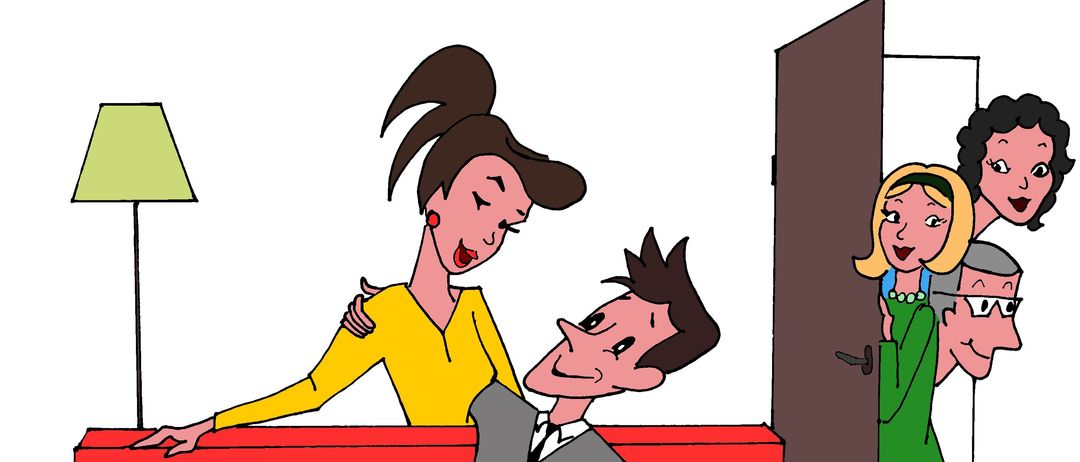 Cartoon-Bild von einem Mann und einer Frau, die auf einer roten Couch sitzen. Die Frau lehnt sich mit einem Glas Wein in der Hand gegen den Mann.