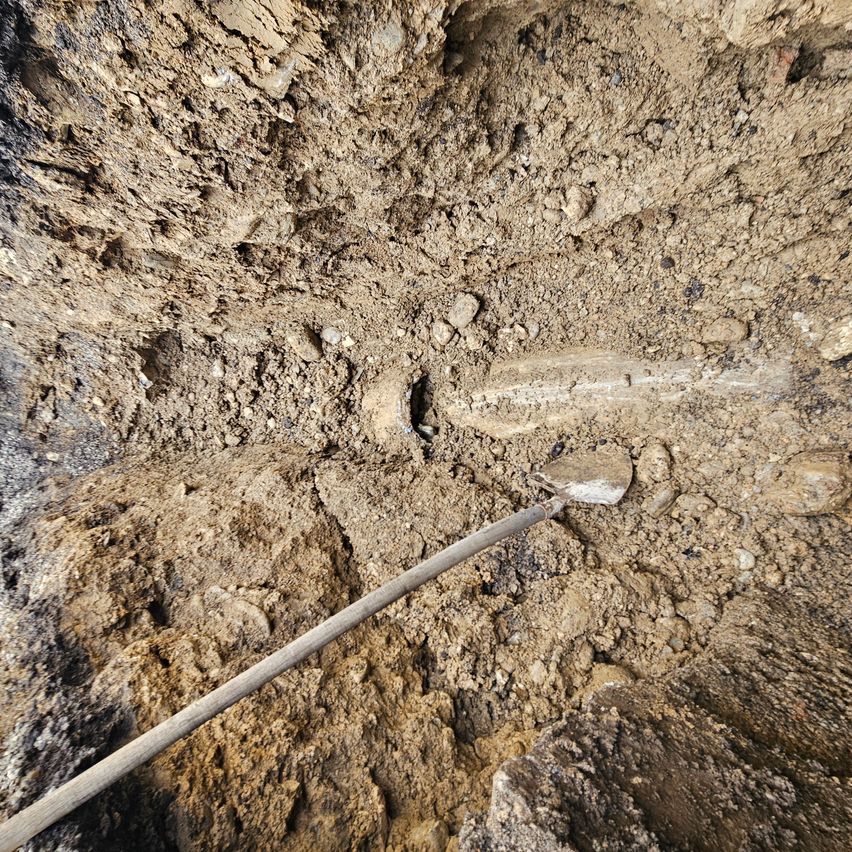 Eine Schaufel ist zur Hälfte in Erde eingegraben, mit sichtbaren Wurzeln und Steinen. Der Boden ist braun und hat weiße Flecken.