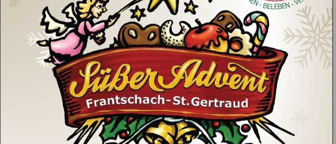 Plakat für Silber Advent in Frantschach-St.Gertraud. Zeigt einen Korb mit Weihnachtskeksen, Süßigkeiten und Früchten. Termine und Zeiten für die Veranstaltung sind aufgeführt.