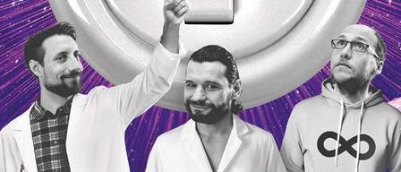 Veranstaltungsposter für Science Busters am 19.09.2026, 20:00 Uhr bei artBOX. Drei Männer in Laborkittel und Brille posieren. QR-Code für Ticket-Link.