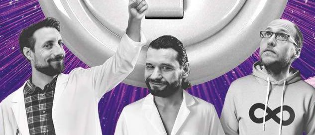 Veranstaltungsposter für Science Busters am 19.09.2026, 20:00 Uhr bei artBOX. Drei Männer in Laborkittel und Brille posieren. QR-Code für Ticket-Link.