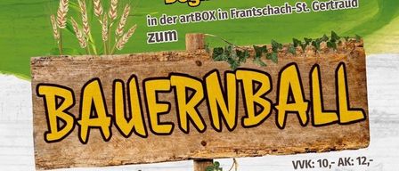 Werbeposter für die Veranstaltung 'Bavarian Ball' am 17. Januar 2026, Beginn 20 Uhr in artBOX in Frantschach-St. Gertrud. Zeigt eine Gruppe von Männern und ein Holzschild mit 'BAUERNABALL'. DJs Sound Deluxe und wertvolle Preise werden erwähnt.