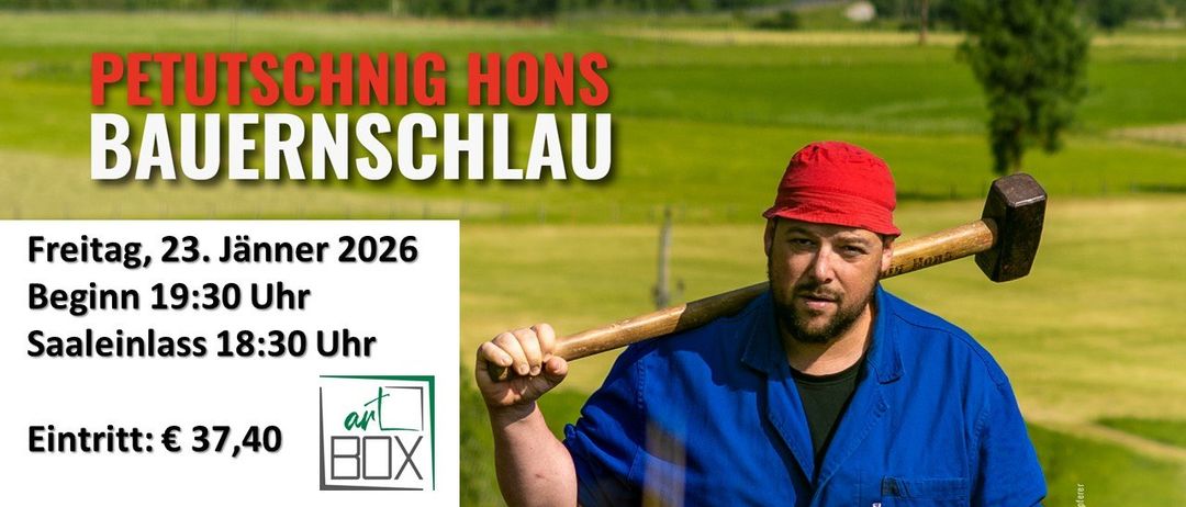 Ein Mann steht in einem Feld und hält einen Baseballschläger. Er trägt einen roten Hut und ein blaues Hemd. Die Worte 'Schnig Hons Ernschlau' erscheinen in Rot oben im Bild. Das Datum 2026 und die Zeit 3:30 sind ebenfalls zu sehen. Ein Logo mit dem Text 'art BOX' ist auf der linken Seite.