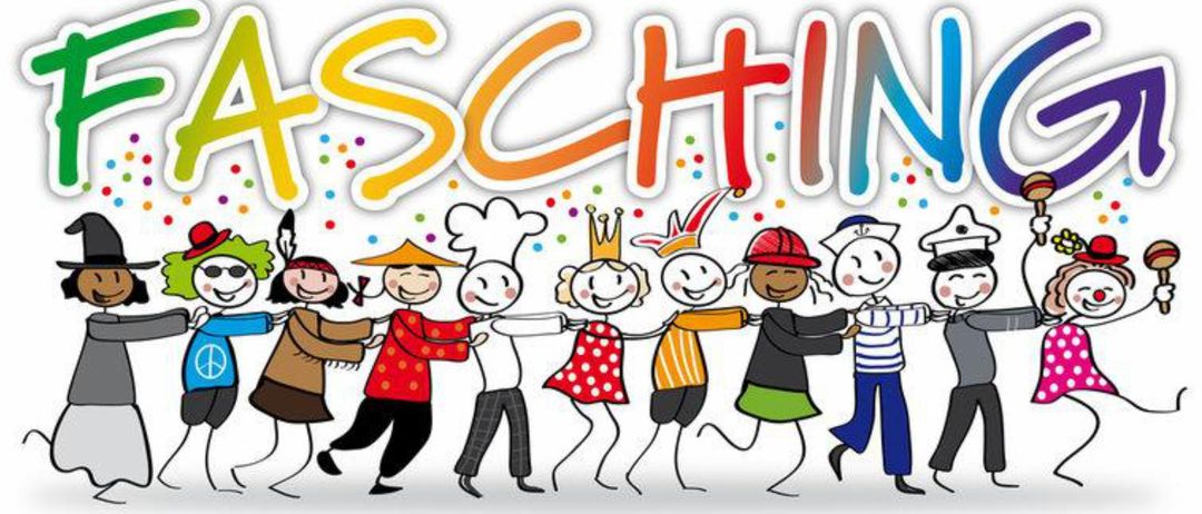 Eine Cartoon-Abbildung von tanzenden Menschen mit einem gelben Banner, das lautet: 'Sonntag, den 15. Februar 2026, 15:00 Uhr, Am Dorfplatz vor der artBOX.' Darunter ein Clown, der Luftballons und einen Partyhut hält.'