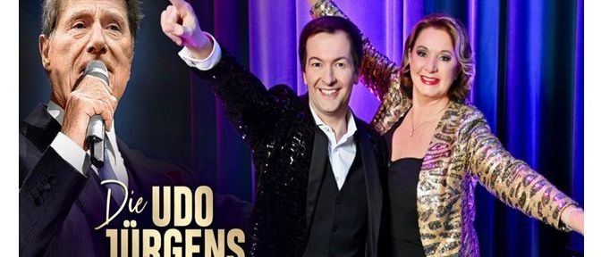 Plakat für eine Veranstaltung, O Jürgens Story, mit zwei Personen auf der Bühne. Datum: 30. Oktober. Beginn 19:30. Tickets erhältlich.