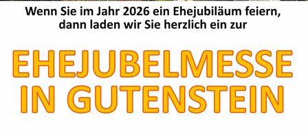 Poster für eine Kirche in Gutenstein mit einer Einladung zur Feier eines Ehejubiläums im Jahr 2026. Die Kirche hat ein graues Dach, einen Glockenturm und gelbe Fensterumrandungen.